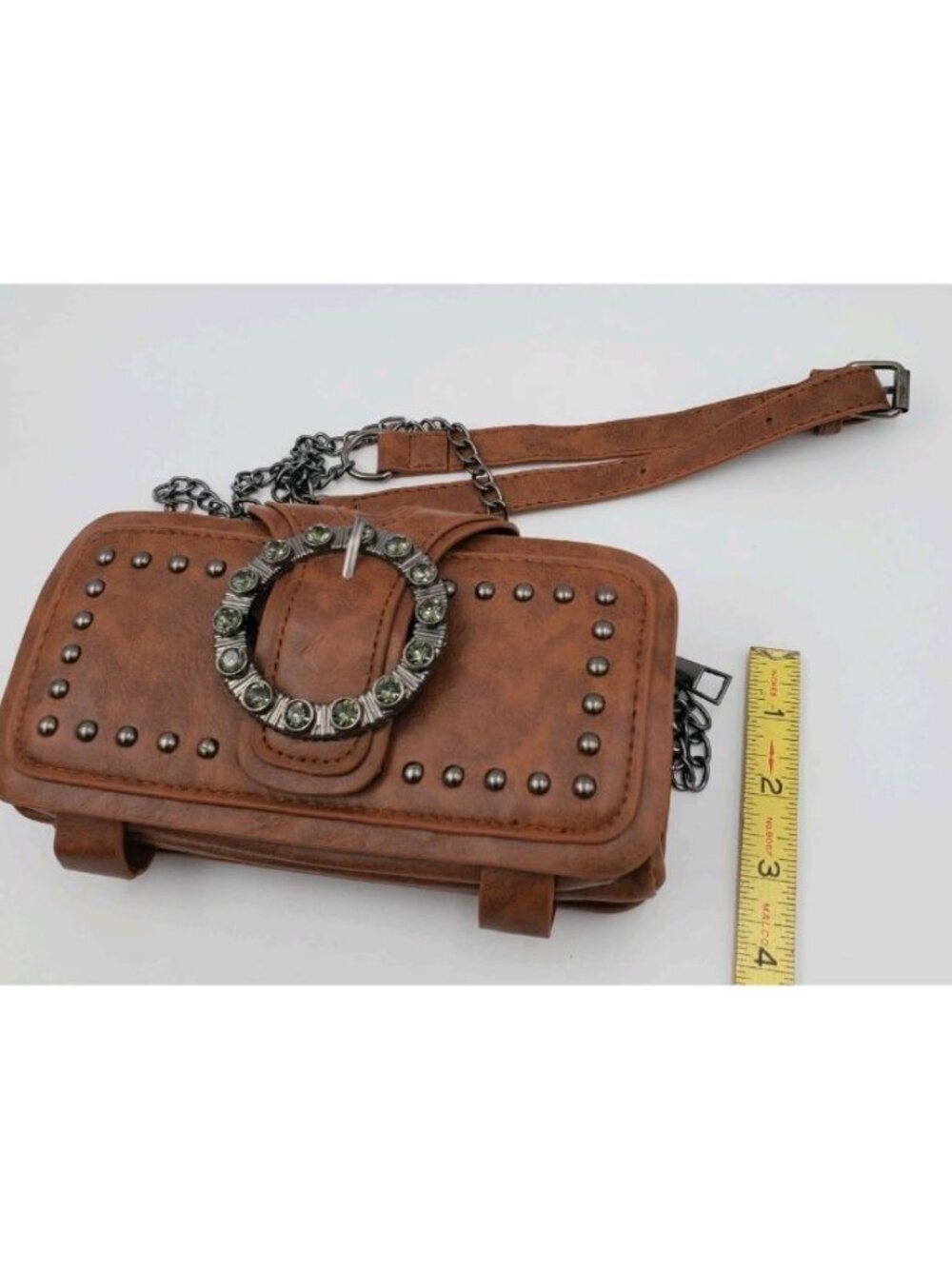 Brown Small Crossbody Wallet Bag, Zip Closure, Studded Hardware, Inner Pockets - Picture 8 of 8